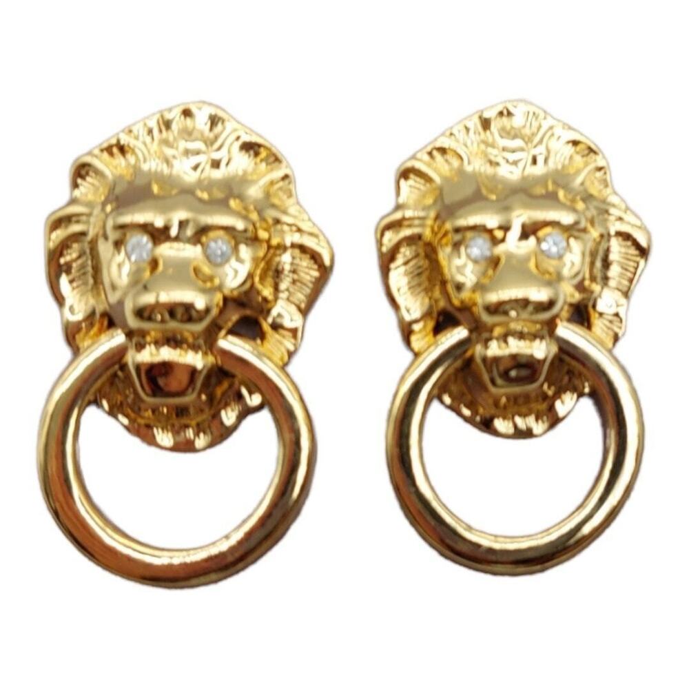 KJL Kenneth Jay Lane Lion Head Door Knocker Earrings Rhinestone Vintage 1986 NOS